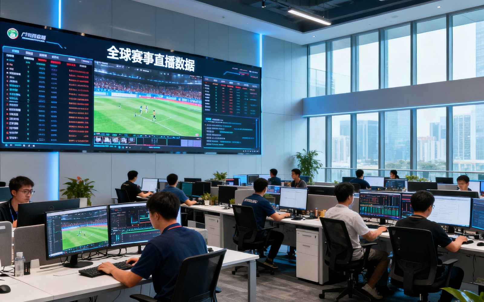 88看球广州总部开放式办公区全景，数十名技术工程师与内容编辑在现代化办公环境中专注工作，墙面大屏实时滚动全球赛事直播数据